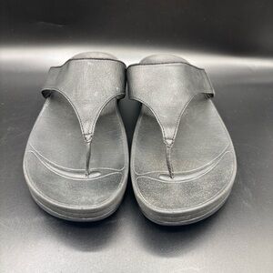 FitFlop Womens Lulu‎ Toe Post Strap Leather Sandals Flip Flop Black Size 10